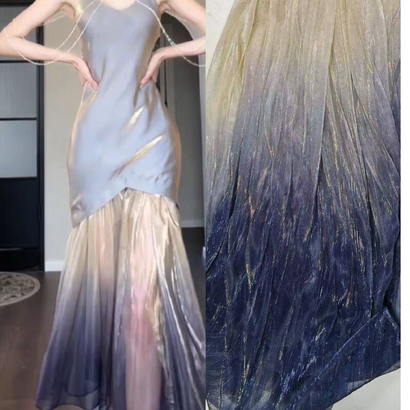 Purple Blue Gold Gradient Laser Magic Glitter Pleated Mesh Fabric Original Organ Pleated Dress Designer Fabric