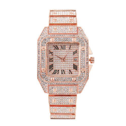 外贸跨境钢带镶钻嘻哈男士手表方形满天星罗马纹日历石英女表