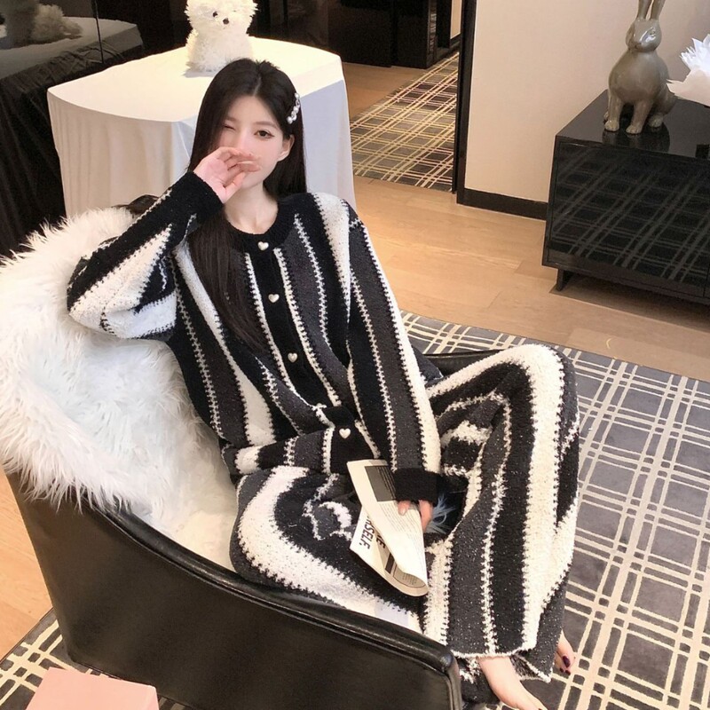 欧美风冬季半边绒睡衣宽松圆领开衫简约炸街软糯加厚慵懒家居服|undefined