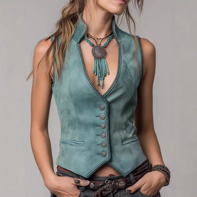 European and American Style Solid Color Women's Summer 2025 New Slim-Fit Backless Tie Denim Halter Neck Tank Top