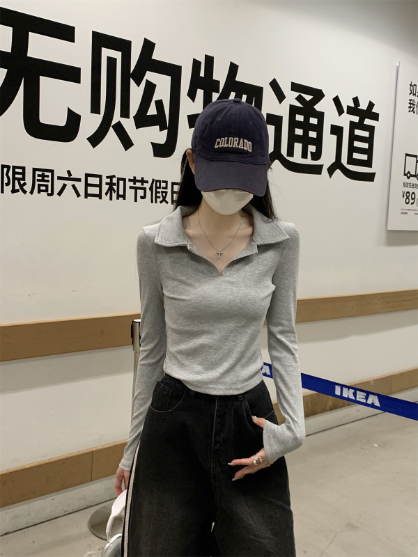 2025秋季新款韩版polo领短款内搭针织衫打底毛衣女设计感修身上衣|undefined