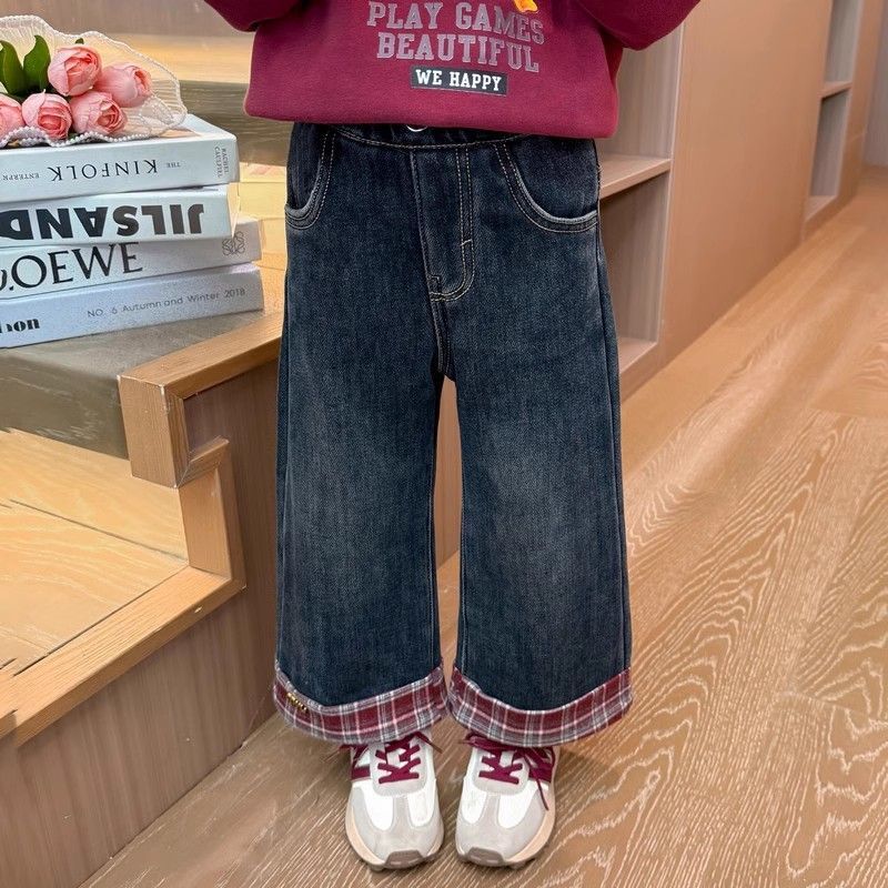 Pantalones de niñas de primavera pantalones jeans de cuadros rojos suaves nuevos niños primavera y otoño delgados bebé pantalones de piernas anchas