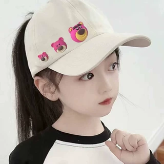 韩版儿童遮阳太阳帽女童半空顶鸭舌帽夏季三只小熊可扎马尾棒球帽
