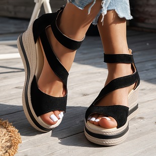 2025 New Summer Women's Large Size Wedge-Heeled Thick-Soled Sandals European and American Fish Mouth Open-Toe High-Heeled Export Back Zipper Sandals
