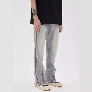 American retro yellow mud dyed jeans men's high street pants fashion brand street zipper slim straight flared pants
