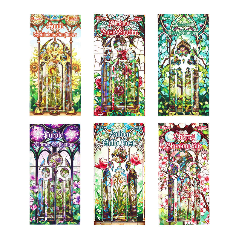 Ventana de color transparente pegatinas impermeables para mascotas paquete diy láser pegatinas decorativas de bordes de oro pegatinas de ventana de flores retro