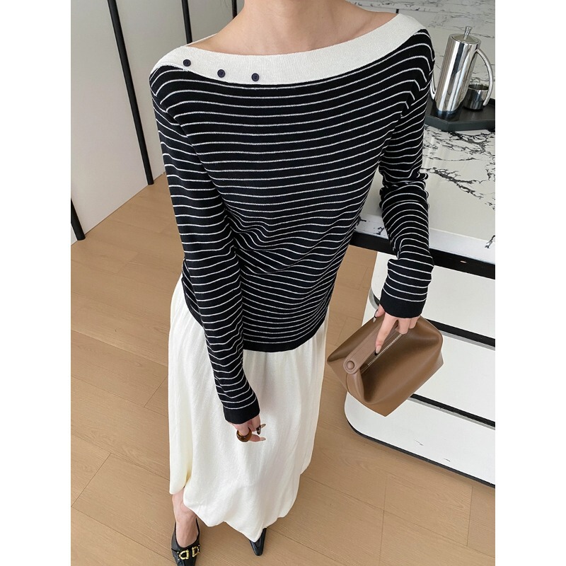 Sinnan Autumn New Collection Silky Wool Blend Off-Shoulder Design Slimming Striped Knit Sweater Sn9366 Sinnan Autumn New Collection Silky Wool Blend Off-Shoulder Design Slimming Striped Knit Sweater Sn9366
