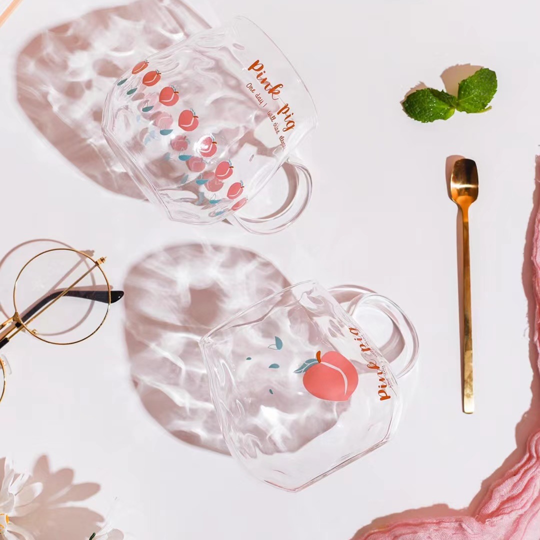 Rosa personalizado transparente cristal dibujos animados melocotón corazón cerdo taza chica corazón regalo taza de beber taza de oficina