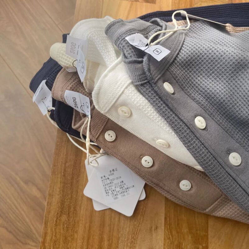 Trendy Henry collar waffle foreign goods Chu mouth old American Yu single Ami Khaji American retro long sleeve T-shirt men