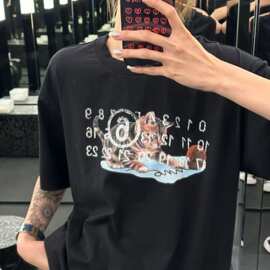 跨境欧美数字印花MM6纯棉高品质男t恤女短袖潮重磅230克打底上衣