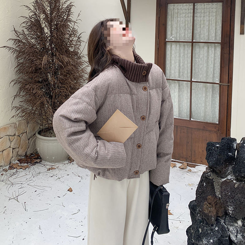 针织拼接立领羽绒服女冬季2025新款韩系小个子面包服90白鸭绒外套