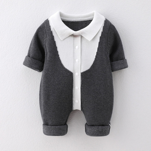 Infant Wool Sweater Autumn/Winter Baby Knitted Climbing Suit Children's Clothing Gentleman's Tie Sweater Knitted Onesie