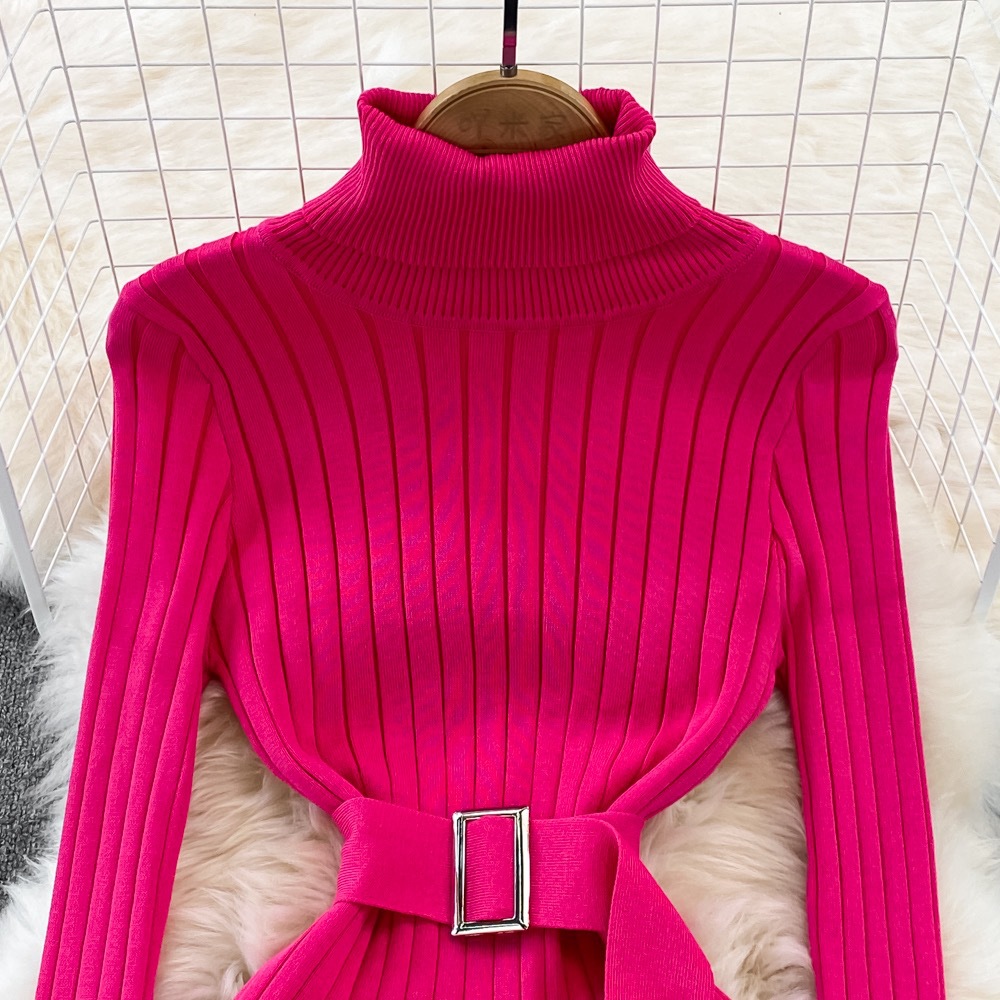Damenbekleidung Herbst- und Winterpullover mit langem Rock im Göttinnenstil, hohe Taille, elastisch, eng gestrickt, hüftbedeckendes Kleid_voghion.com