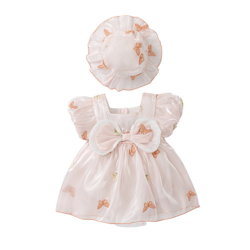 Baby Bodysuit Summer Girl Baby Diaper Cover Embroidered Butterfly Short Sleeve Hem Dress Thin Children's Clothes Princess Dress
