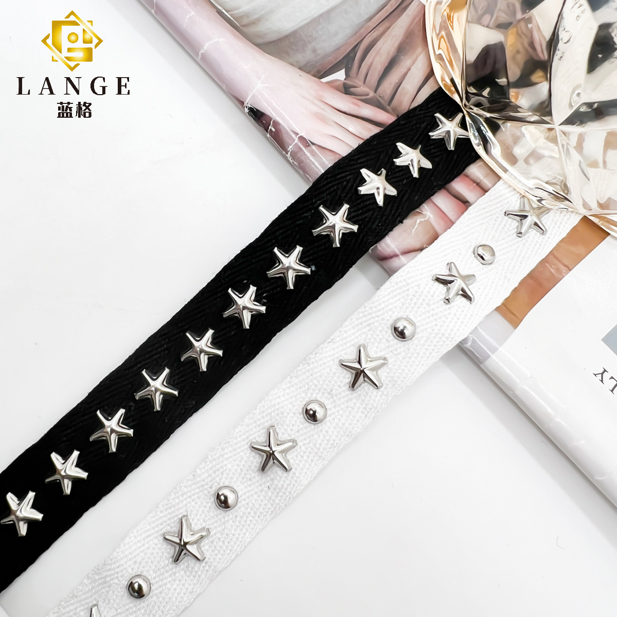 厂家批发新款黑白双色2公分宽铆钉织带装饰边花边diy服装辅料花边