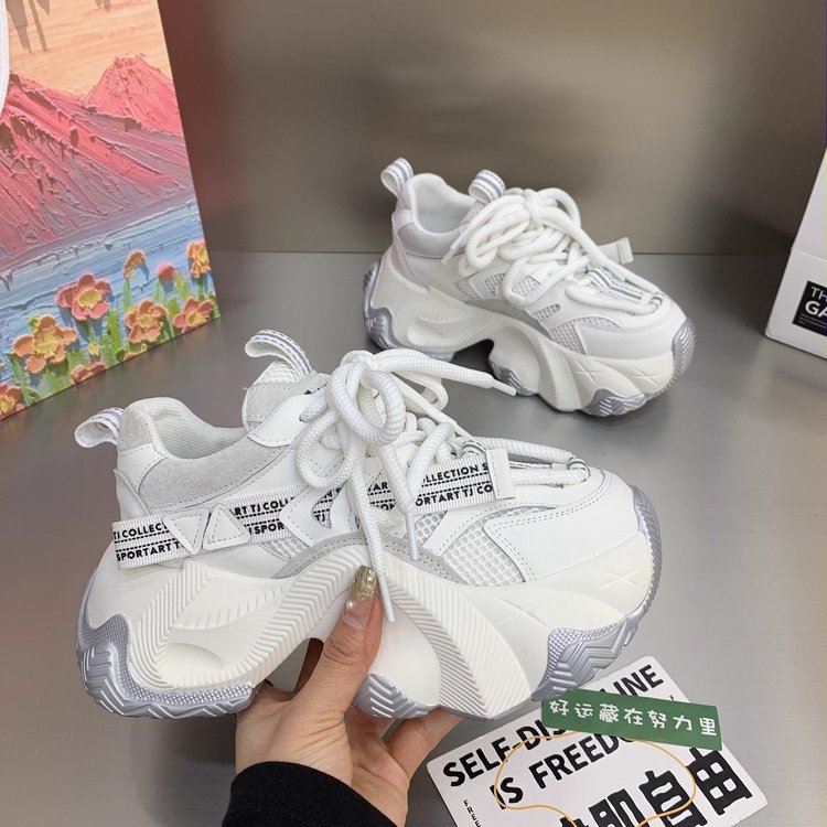 European Style Mesh Thick-Soled Dad Shoes for Women 2025 Spring and Summer New Breathable Versatile Lace-Up Platform Sports Casual Shoes
