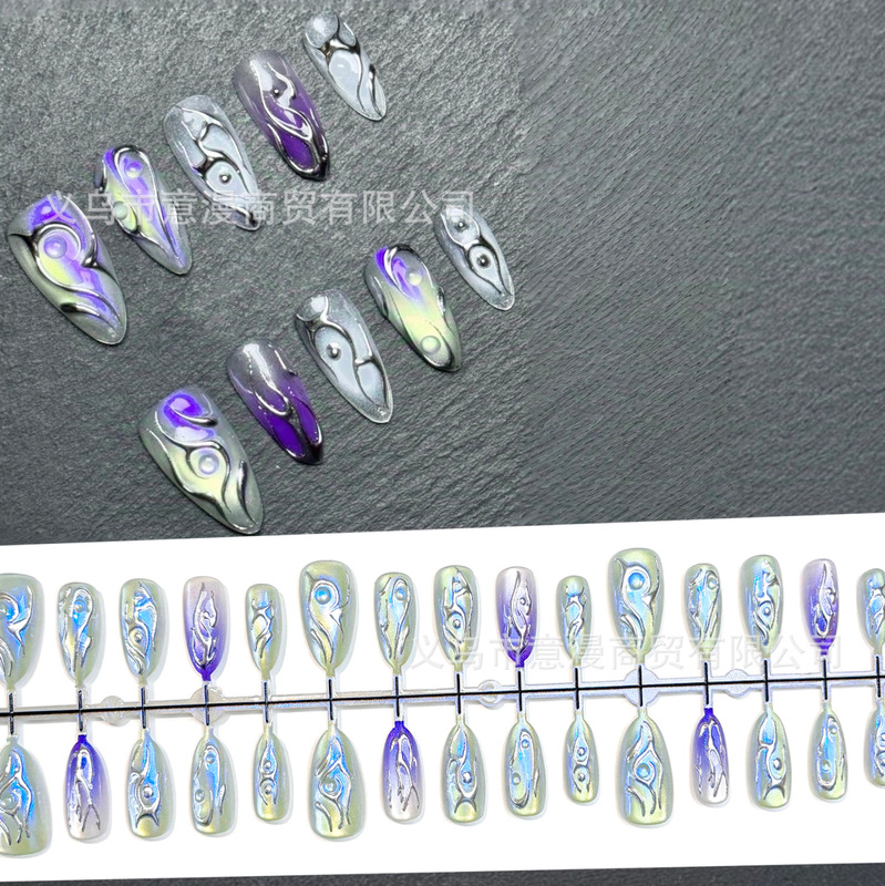 Gothic Metal Silver-Plated Wearable Nails Purple Cat Eye Laser Cross-Border Foreign Trade Nail Art Patches European and American Popular Ins