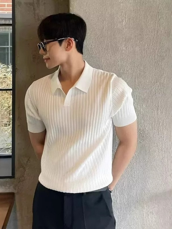 Hombre polo de manga corta de moda coreana camiseta de solapa para hombre 2025 verano delgada camiseta de punto de color sólido versátil