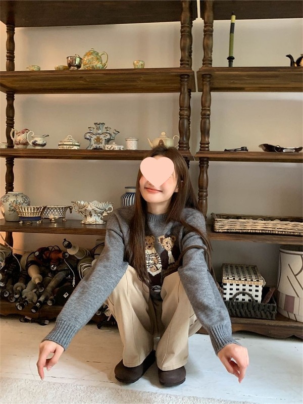 韩版可爱卡通小熊提花毛衣女秋季新款圆领套头长袖针织衫百搭上衣|undefined