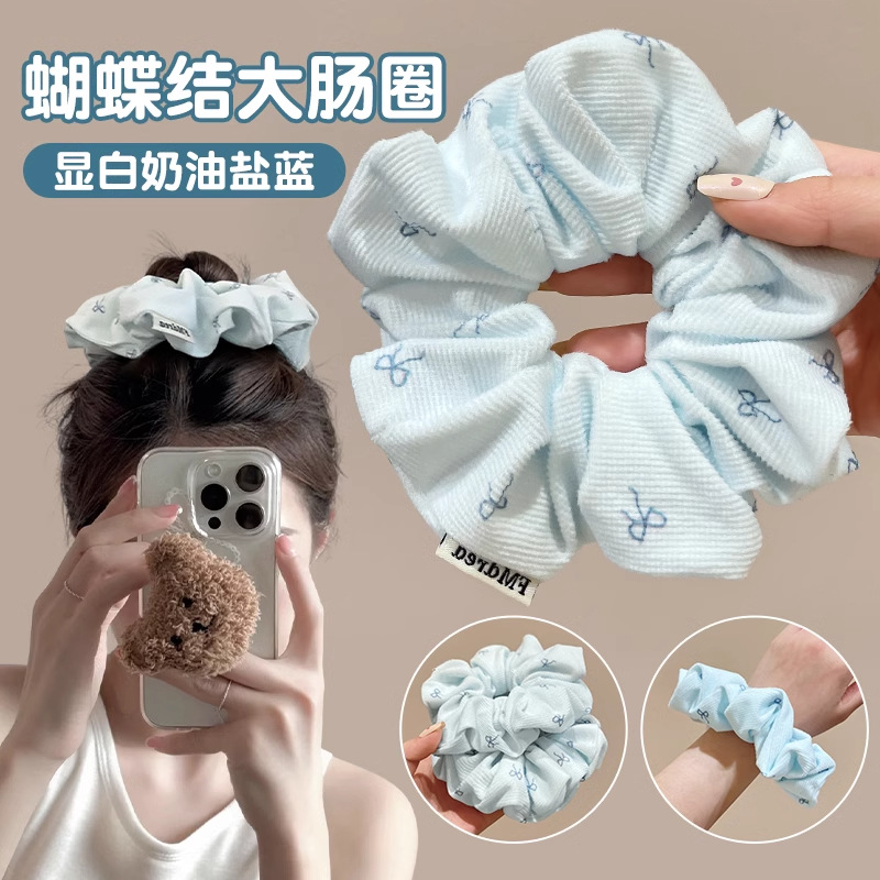 Arco de encaje anillo de cabello de intestino grueso mujer alta sensación de cabello azul marino cuerda bola cabeza de cabello medio atado cabello flores adornos de cabello cuerda