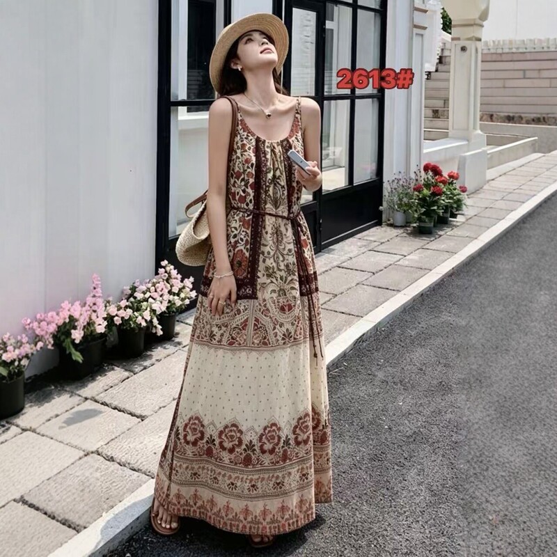 Ethnic Style Printed Suspender Dress Summer Vacation Long Dress Retro Artistic Beach Dress for Women