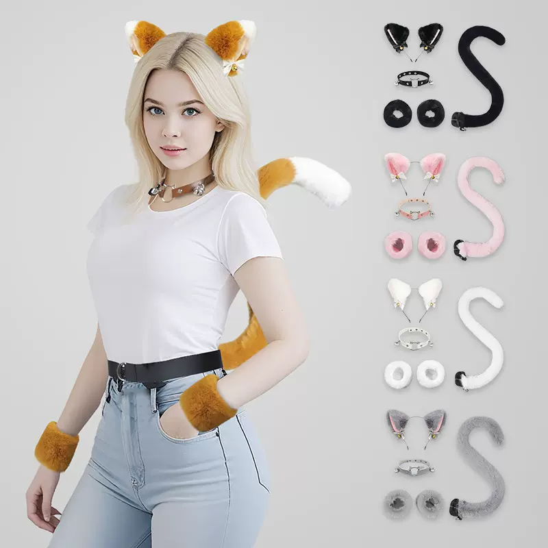 跨境毛绒猫耳发箍猫尾巴项圈手环套装cos配饰表演道具