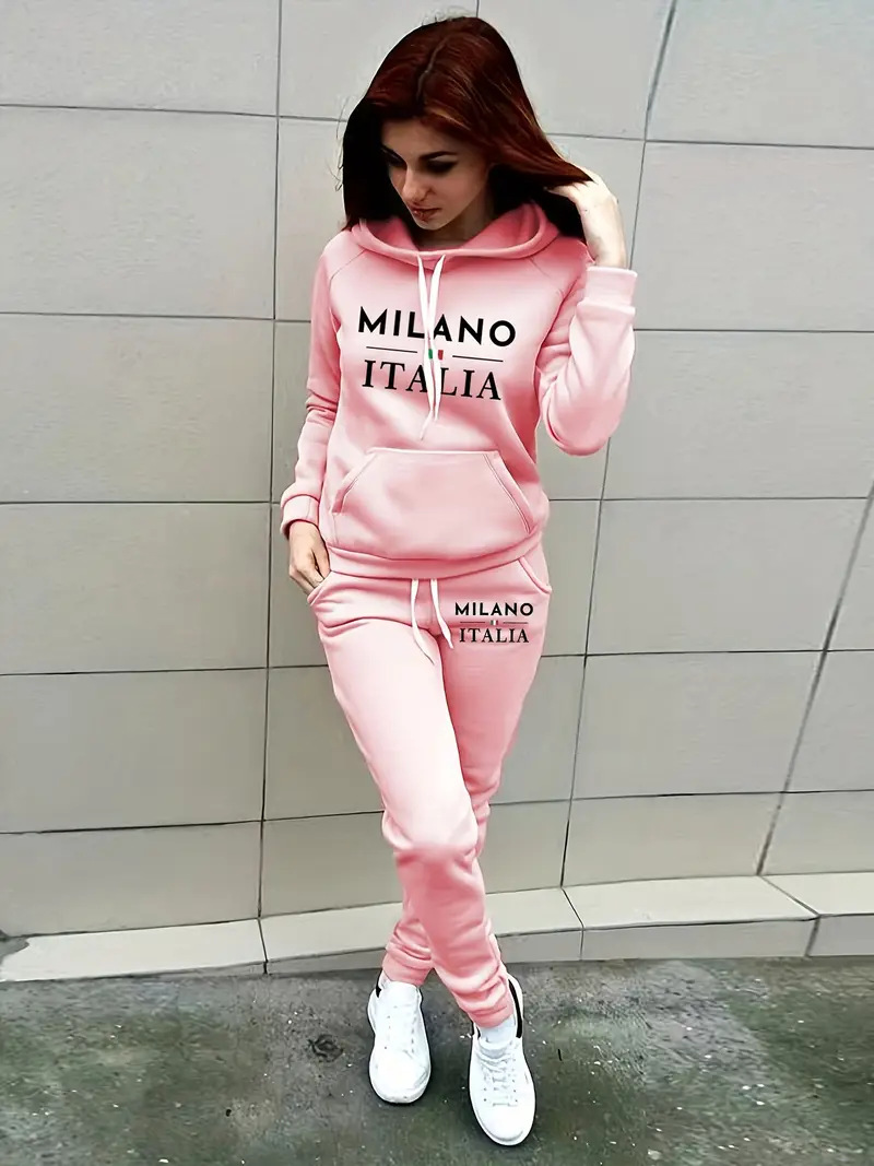 Conjunto de sudadera con capucha de polar para mujer con estampado de letras - Conjunto informal de dos piezas (negro, azul marino, rojo, beige, rosa) - S/M/L/XL/XXL_voghion.com