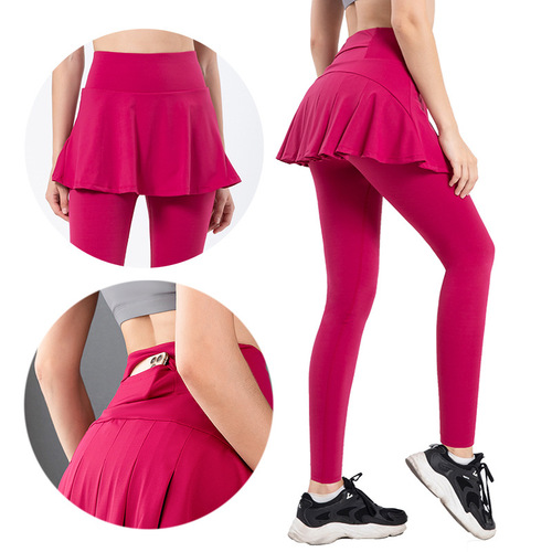 Spring and autumn yoga sports fake two-piece trousers quick-drying pleated culottes running fitness pocket yoga pants women cross-border