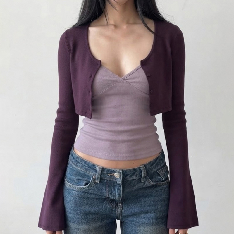 Purple gentle style color-blocked short cardigan and camisole top set, Korean casual chic early autumn two-piece outfit for women Purple gentle style color-blocked short cardigan and camisole top set, Korean casual chic early autumn two-piece outfit for women