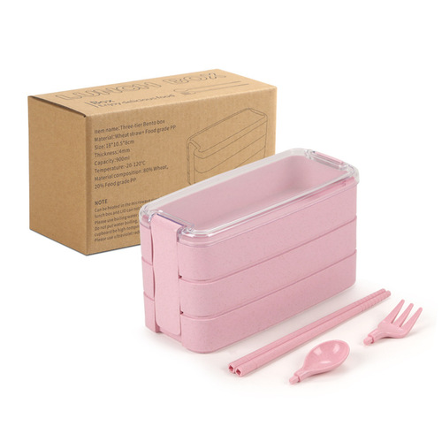 Japanese-style wheat straw three-layer lunch box for office workers and students, microwave-safe bento box, large capacity divided fast food container