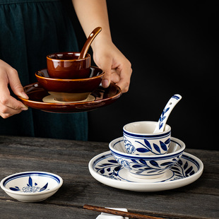 Vintage ceramic table decoration four-piece set Hunan cuisine farm table tableware hot pot restaurant oil dish soil vegetable bowl dining bowl dish