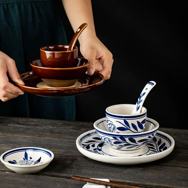 Vintage ceramic table decoration four-piece set Hunan cuisine farm table tableware hot pot restaurant oil dish soil vegetable bowl dining bowl dish