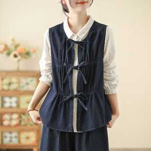 Real Shot of Pure Color Loose Lace-Up Placket Round Neck Sleeveless Vest Layered Jacket Forest Style Age-Reducing Denim Vest for Women