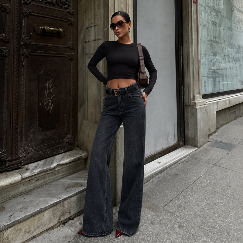 Relaxed fit/black-grey high-waisted non-stretch straight-leg jeans for women, loose wide-leg floor-length pants, Fall 2026