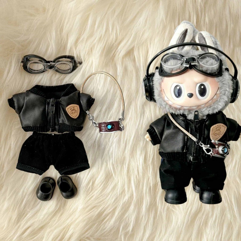 Labubu Clothes 17cm Shield Bear Leather Jacket First, Second, and Third Generation Sitting Style Leather Jacket Coat Leather Skirt Labubu Doll Clothes