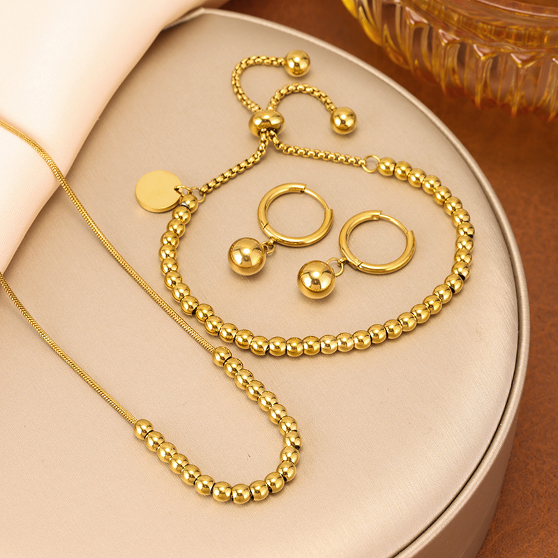 Luxury Gold Bead Titanium Steel Necklace, Bracelet, and Earrings Set for Women, Simple and Versatile Collarbone Chain, Cross-Border Fashion Accessories