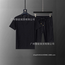 跨境高版本短袖短裤T恤休闲夏季新款宽松提花正确版时尚外贸代发