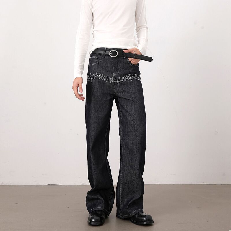 nirben denim | American retro musical note embroidered raw denim jeans for men, cleanfit loose straight A-line pants