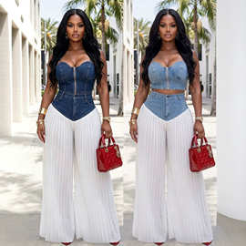 欧美女装亚马逊跨境热卖新款吊带V领背心 褶皱牛仔拼雪纺长裤套装