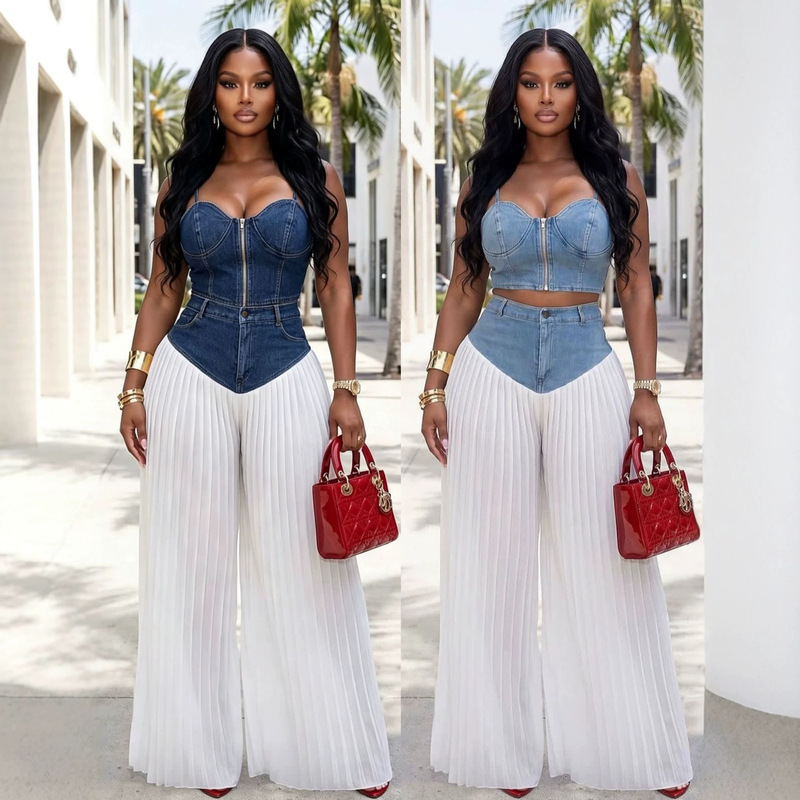 European and American women's clothing Amazon cross-border best selling new suspenders V-neck vest pleated Denim chiffon trousers suit