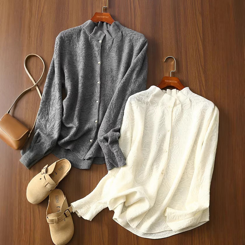 2026 Spring and Autumn New Style Gentle and Fairy-Like French Style Half-High Collar Embossed Jacquard Wool Knit Sweater for Women