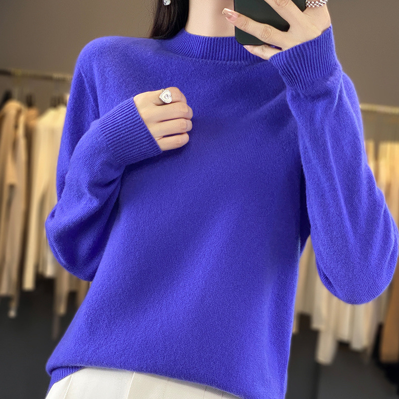 100%純毛セーター、ワンライン仕立て、シームレス、女性用ハーフタートルネック、ゆったりとしたニットセーター、シンプルな通勤スタイル