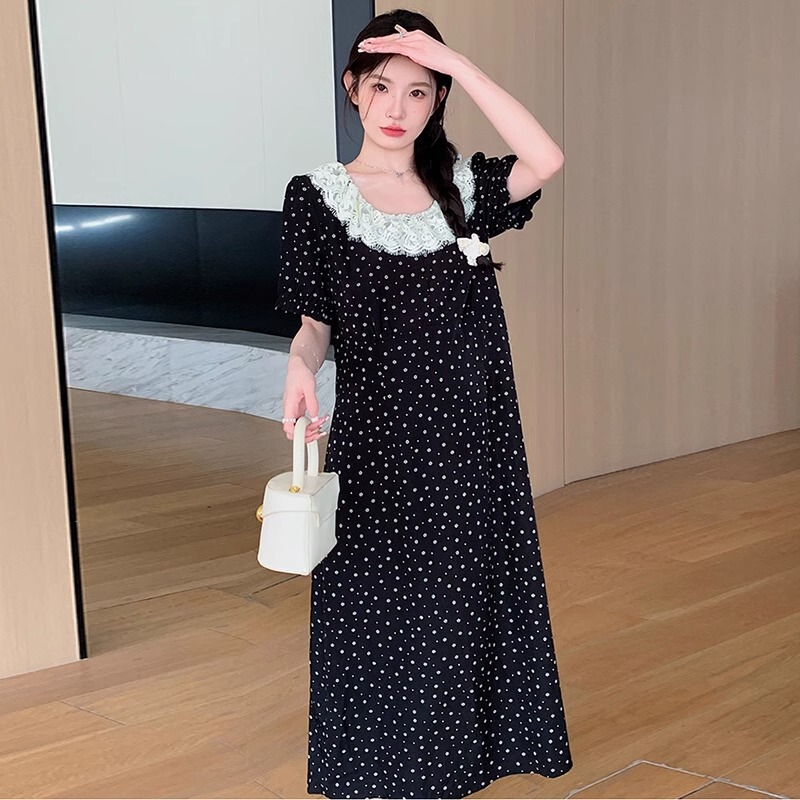 孕妇连衣裙2025新款夏季孕期法式蕾丝花边黑色碎花裙夏款孕妇裙子|undefined