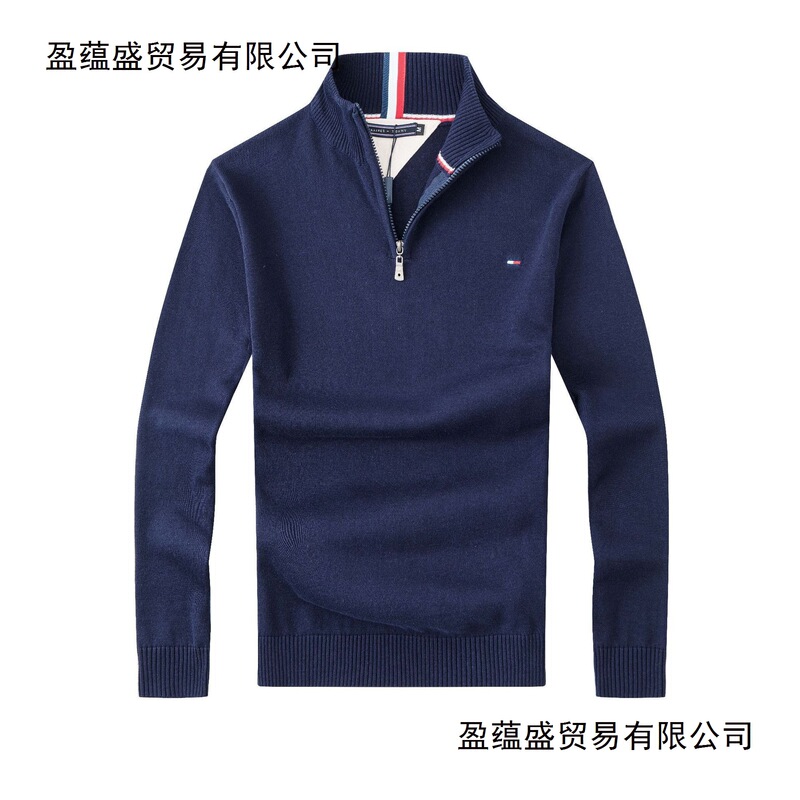 Cross-Border Wholesale Tomm Tommy Men's Sweater Thickeneded Stand-Up Collar Zipper Pullover Knitwear Men's Pure Cotton Embroidered Knitwear