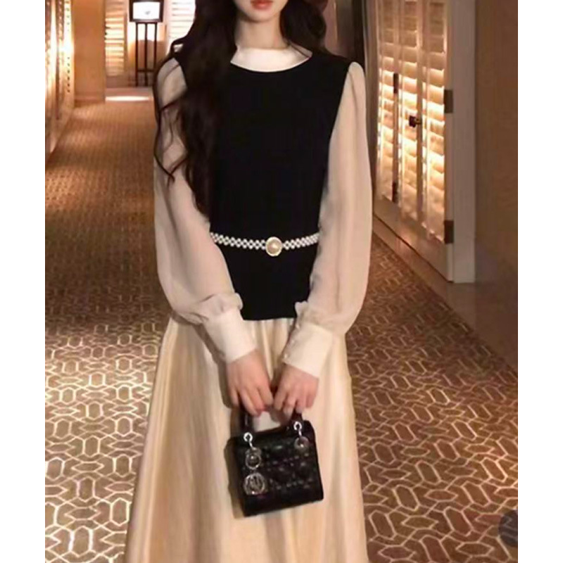 昼夜织梦法式赫本风撞色上衣珍显瘦珠腰封垂感半裙 2025秋季新款|undefined