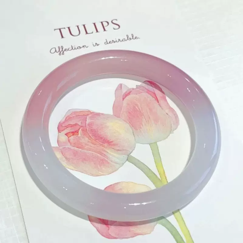 半山水手镯郁金香粉色水蜜桃玛瑙玉手镯子女扁条冰透玉髓美人镯