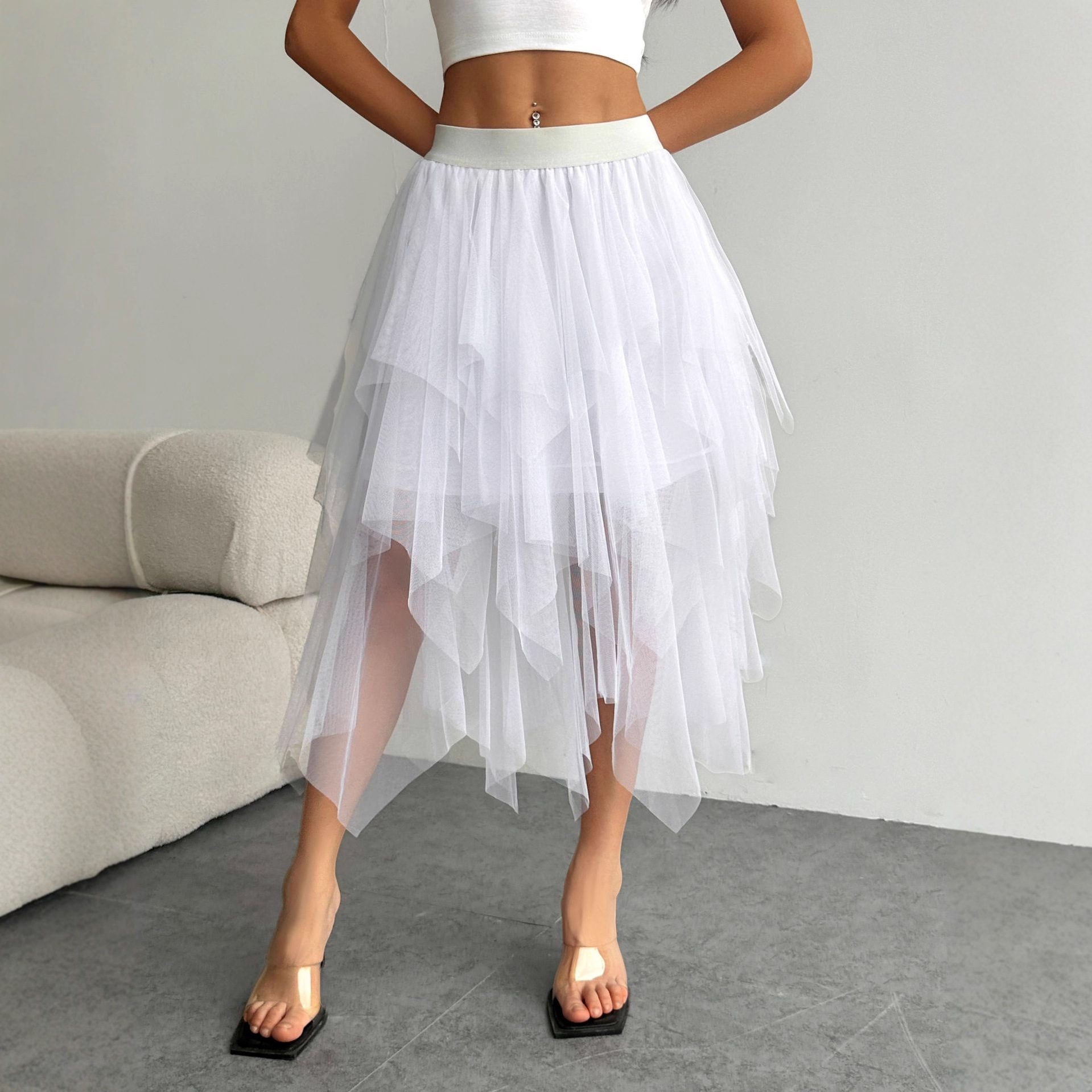 Irregular Mesh Skirt Women's Mid-length 2025 Spring New Veil Skirt High Waist All-match Slimming Skirt