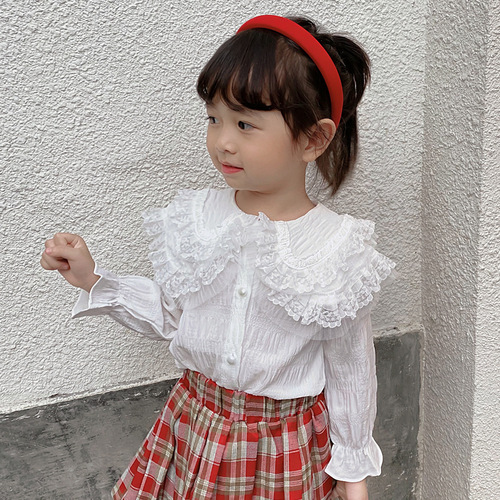 Children's shirts  spring and autumn children's clothing baby girls large lapel tops girls fashionable long-sleeved shirts princess style