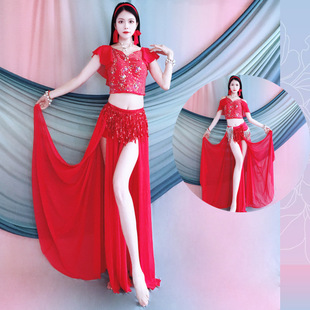 Belly Dance Lotus Leaf Sleeve Sequin Embroider Dance Practice Clothes Sexy Slit Long Skirt Suit Performance Clothes Training Group Clothes
