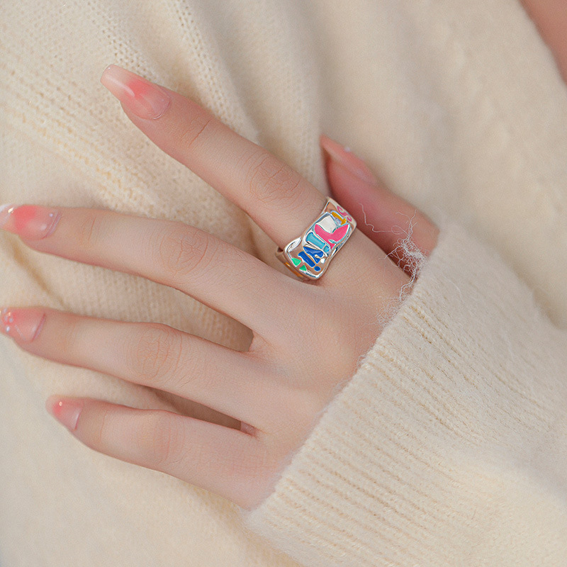 S Sterl Silver Enamel Graffiti Colorful English Letter for Women in South Korea, Unique Design with Belt Buckle and_voghion.com